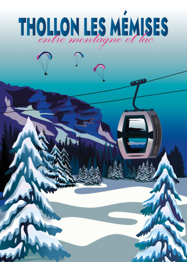 Affiche Thollon les Mémises vue sur la montagne des Mémises - Vole de parapente au dessus de la station de Thollon les Mémises.