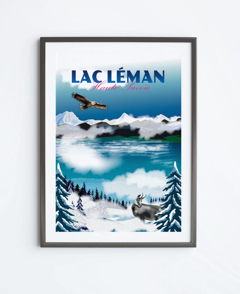 Affiche lac Léman chamois et aigle