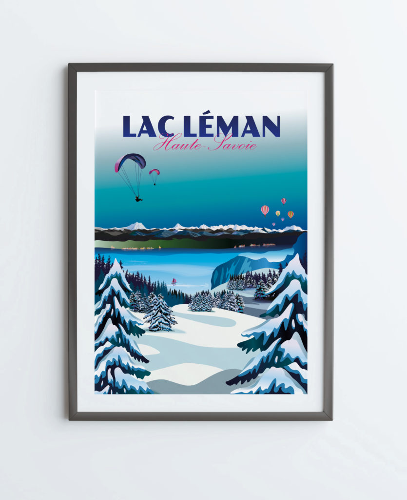 Affiche Lac Léman - Vue sur le lac Léman et les montagnes suisses - Montgolfières au dessus du lac Léman