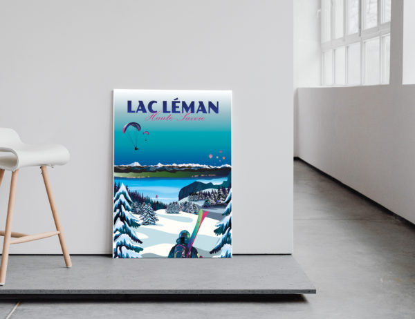 Affiche Lac Léman - Vue sur le lac Léman et les montagnes suisses - Montgolfières au dessus du lac Léman - Skieur