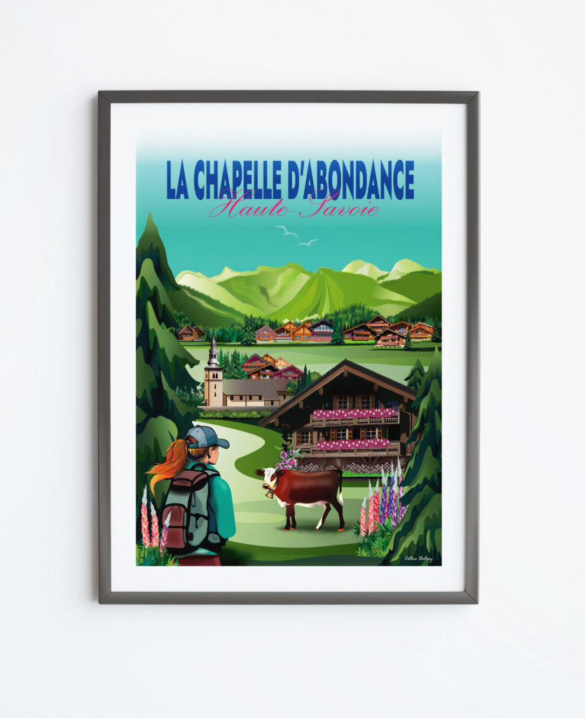 Affiche illustrant le village de La Chapelle d'Abondance en été. Chalets traditionnels, vaches typiques de la région, Cornettes de Bise.