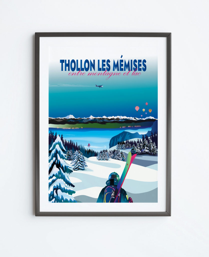 Affiche Thollon les Mémises - Vue sur le lac Léman et les montagnes suisses - Montgolfières -