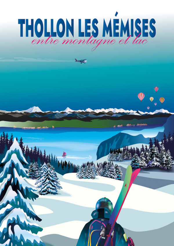 Affiche Thollon les Mémises - Vue sur le lac Léman et les montagnes suisses - Montgolfières -