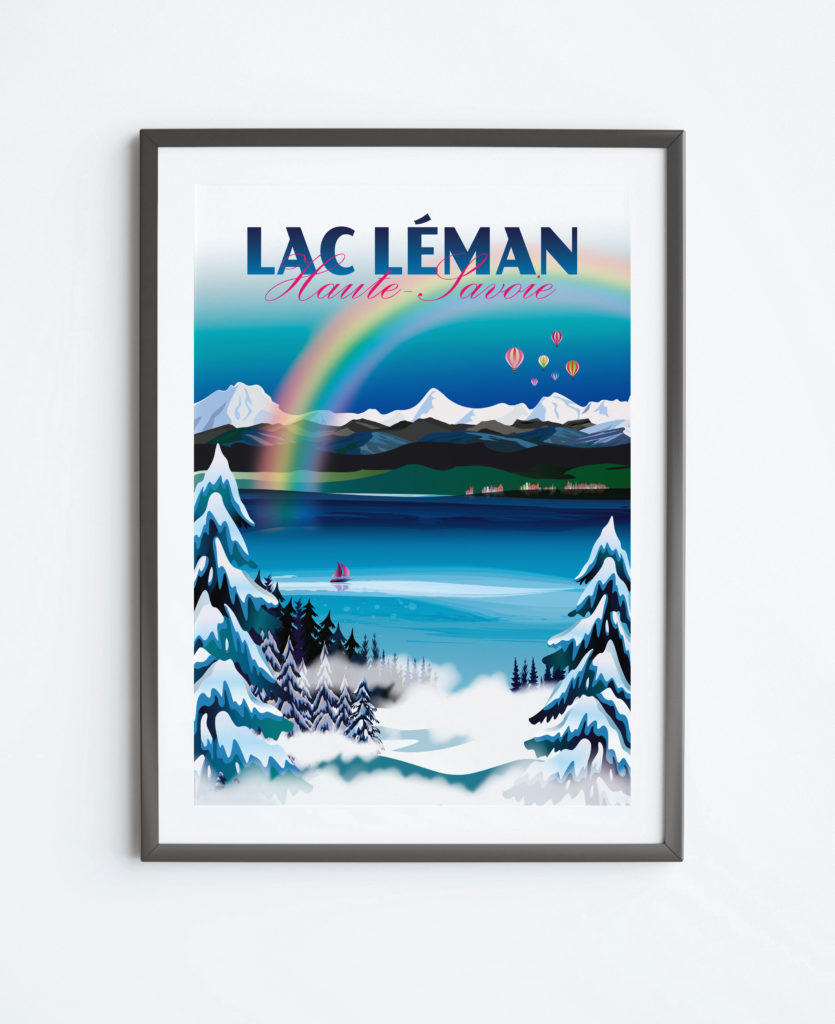 Affiche Arc en ciel au dessus du lac Léman. le Lac Léman et les montagnes suisses enneigées. Vue de la station Thollon les Mémises.