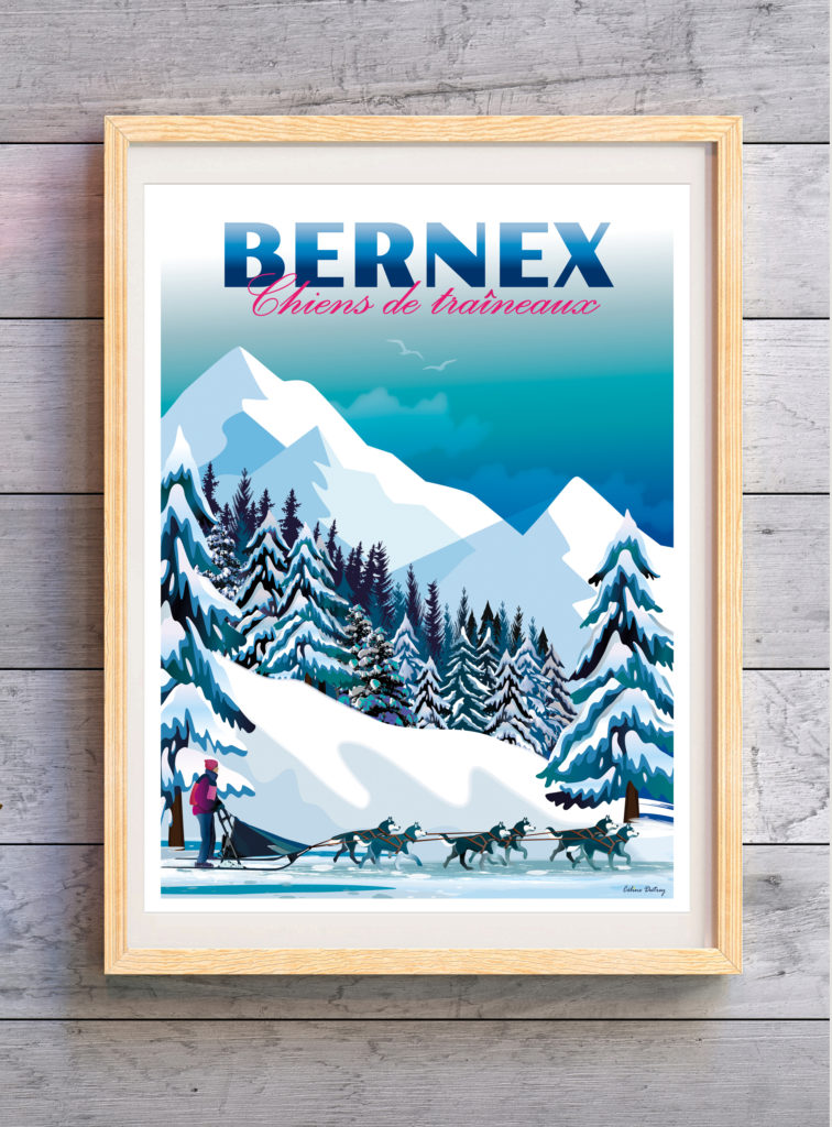 Affiche Megève, Bernex, la Chapelle d'Abondance chiens de traîneaux, montagne enneigée. Titre à personnaliser. Cadeau affiche personnalisée.