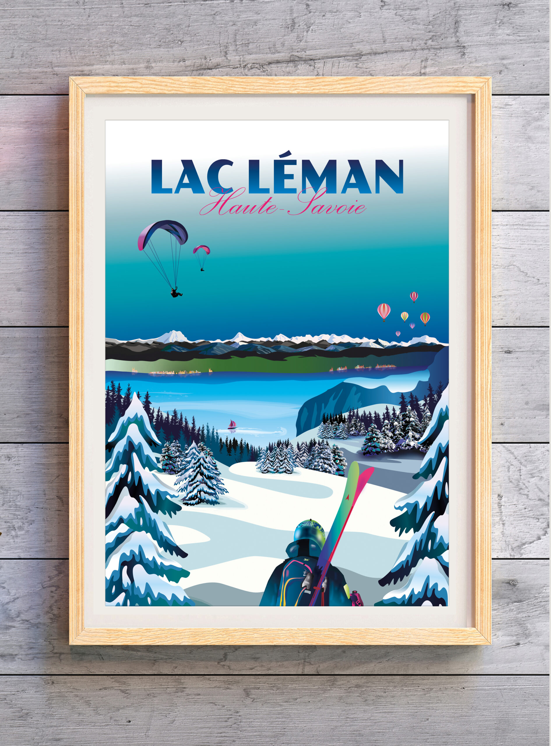 Affiche Lac Léman - Vue sur le lac Léman et les montagnes suisses - Montgolfières au dessus du lac Léman